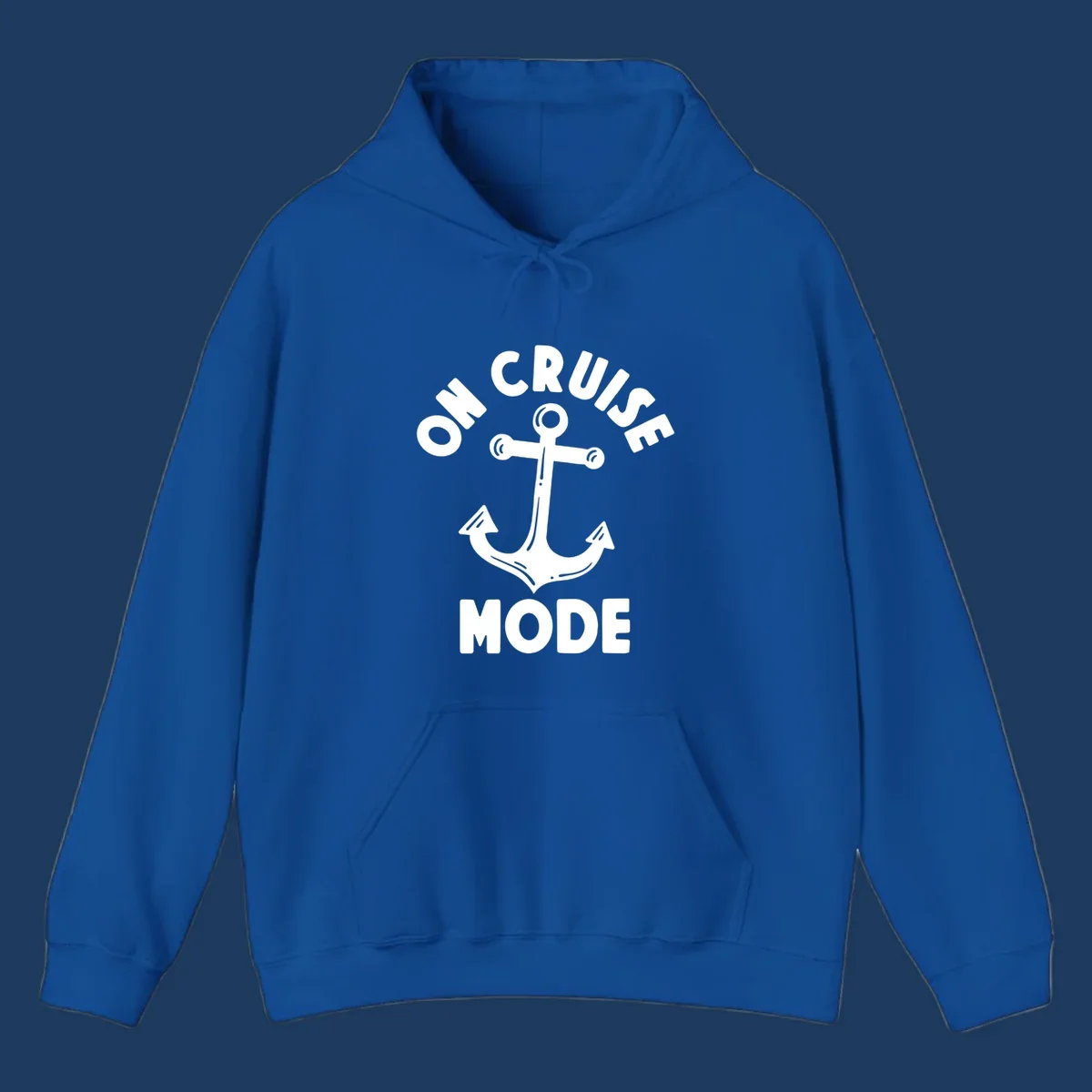 White anchor with decorative lines surrounded by 'ON CRUISE MODE' text on gray background