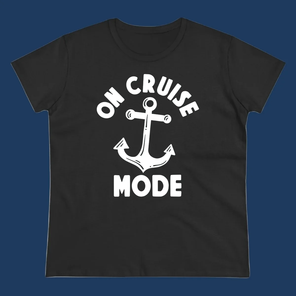 White anchor with decorative lines surrounded by 'ON CRUISE MODE' text on gray background