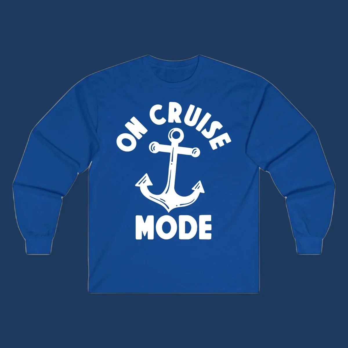 White anchor with decorative lines surrounded by 'ON CRUISE MODE' text on gray background