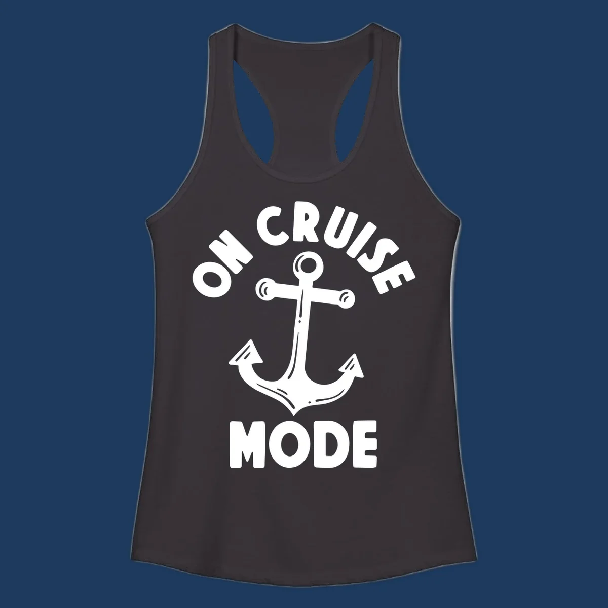 White anchor with decorative lines surrounded by 'ON CRUISE MODE' text on gray background
