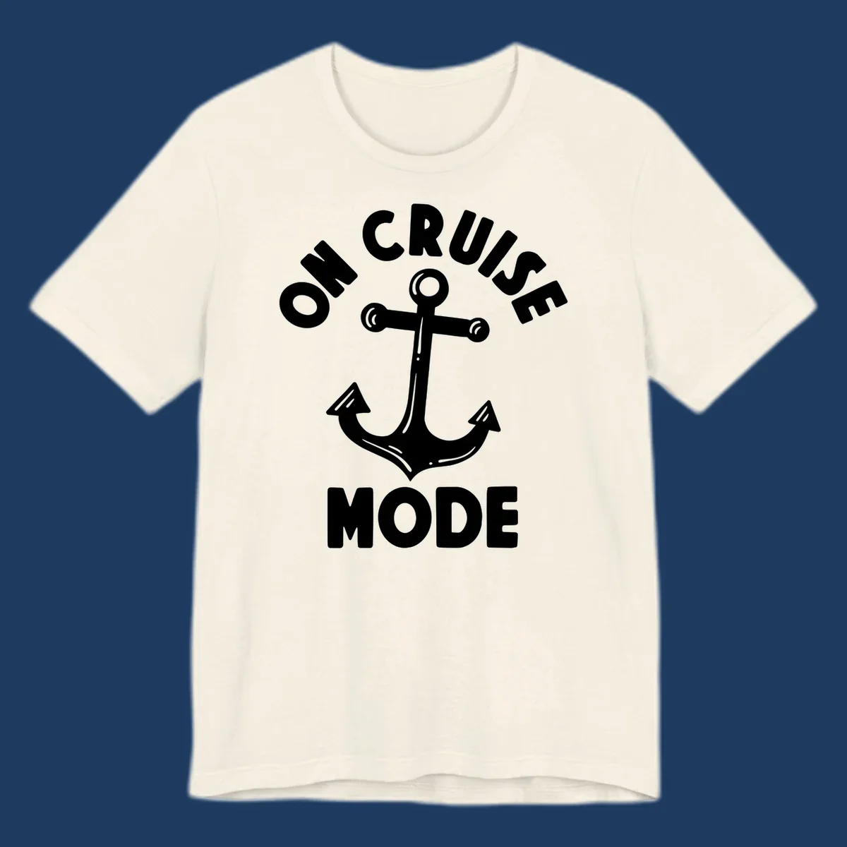 White anchor with decorative lines surrounded by 'ON CRUISE MODE' text on gray background