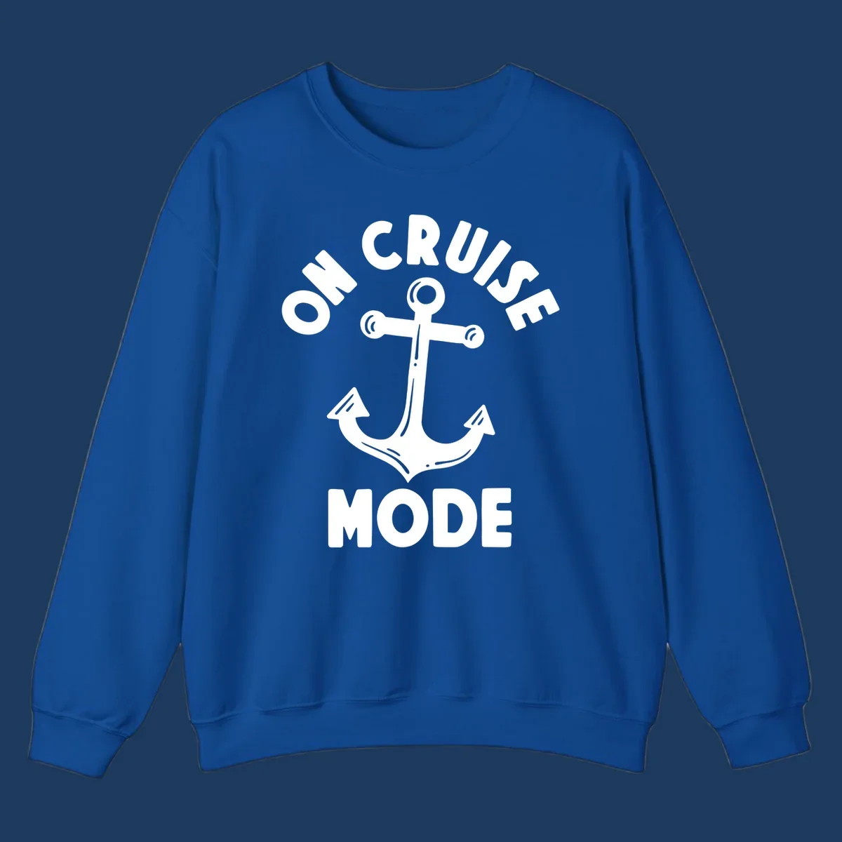 White anchor with decorative lines surrounded by 'ON CRUISE MODE' text on gray background