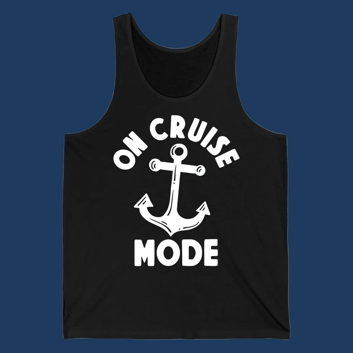 White anchor with decorative lines surrounded by 'ON CRUISE MODE' text on gray background