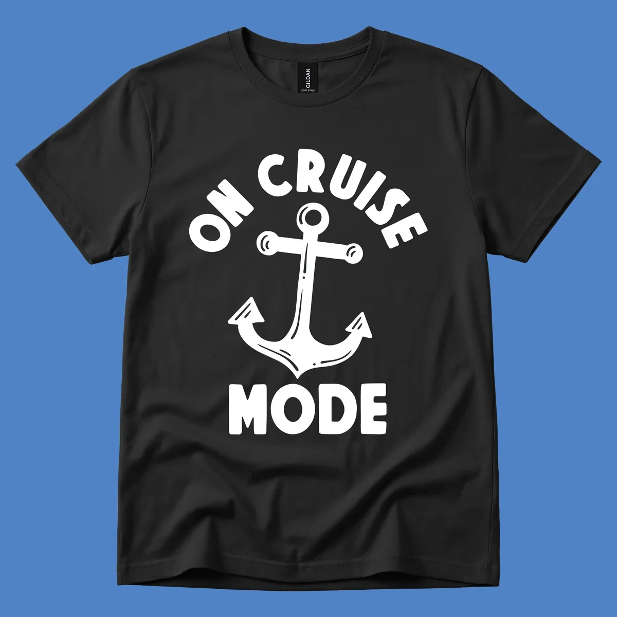 White anchor with decorative lines surrounded by 'ON CRUISE MODE' text on gray background