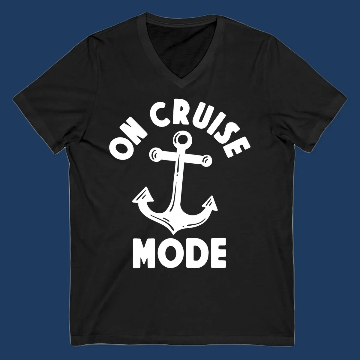 White anchor with decorative lines surrounded by 'ON CRUISE MODE' text on gray background