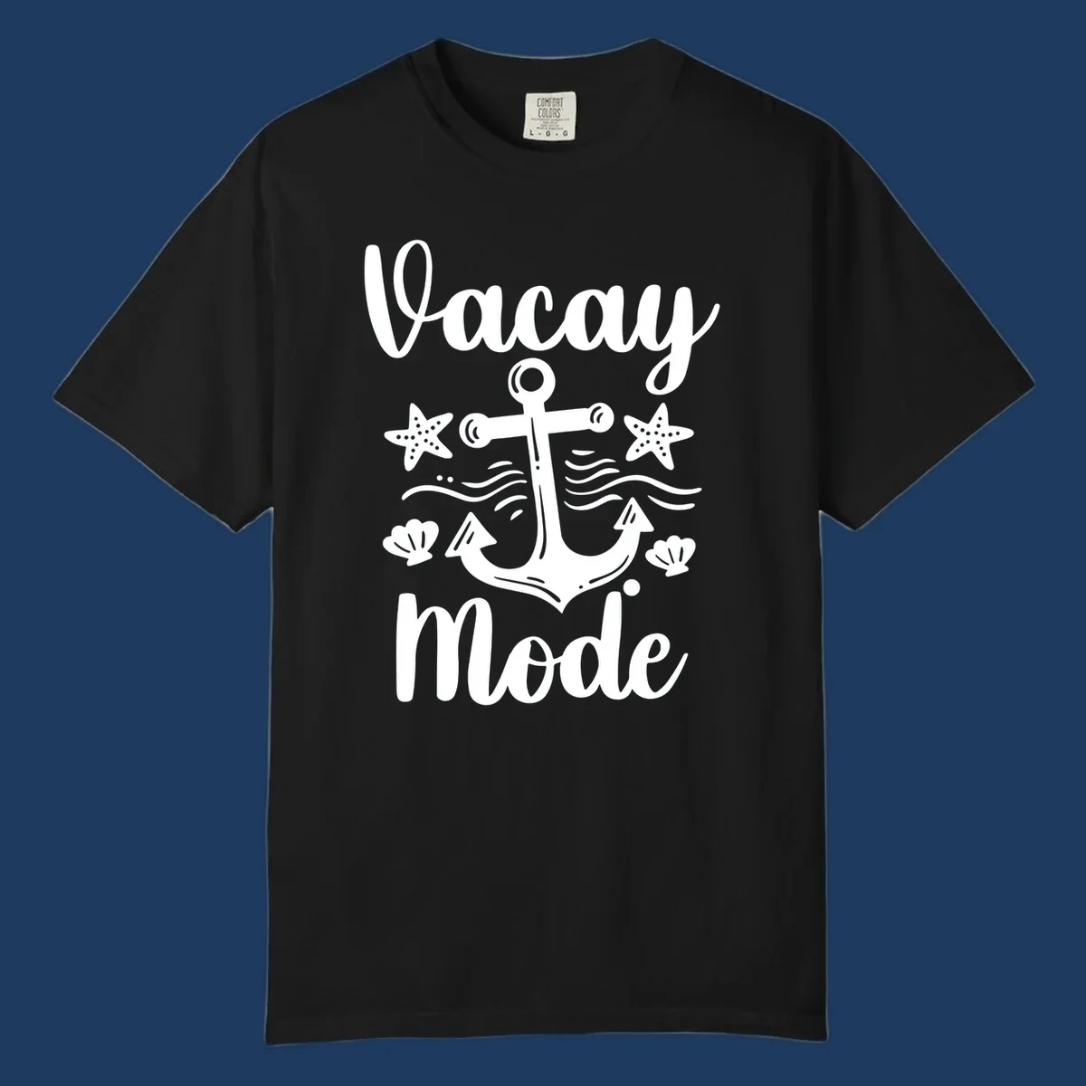 Vacay Mode anchor design with starfish, seashells, and ocean waves in white on gray background