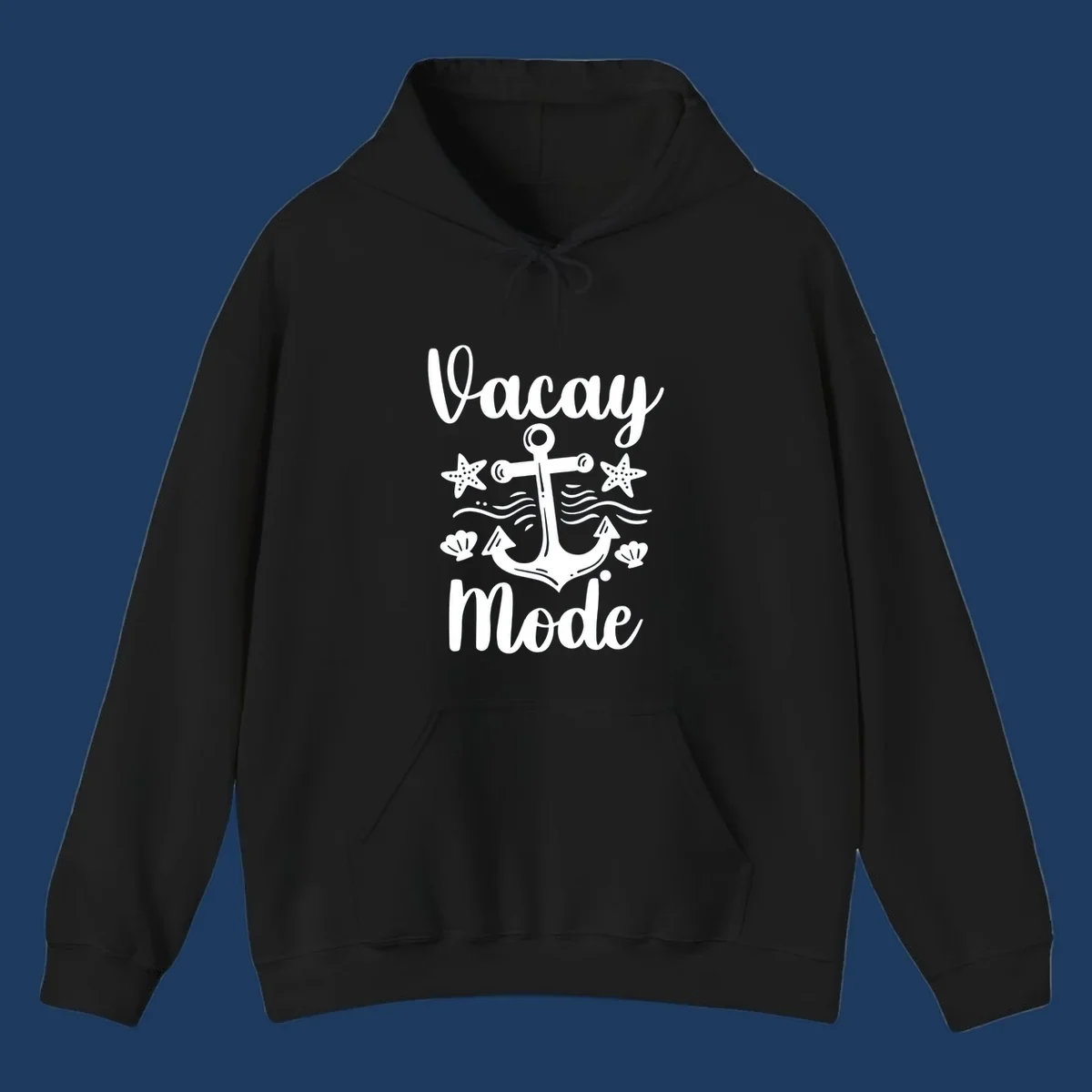 Vacay Mode anchor design with starfish, seashells, and ocean waves in white on gray background