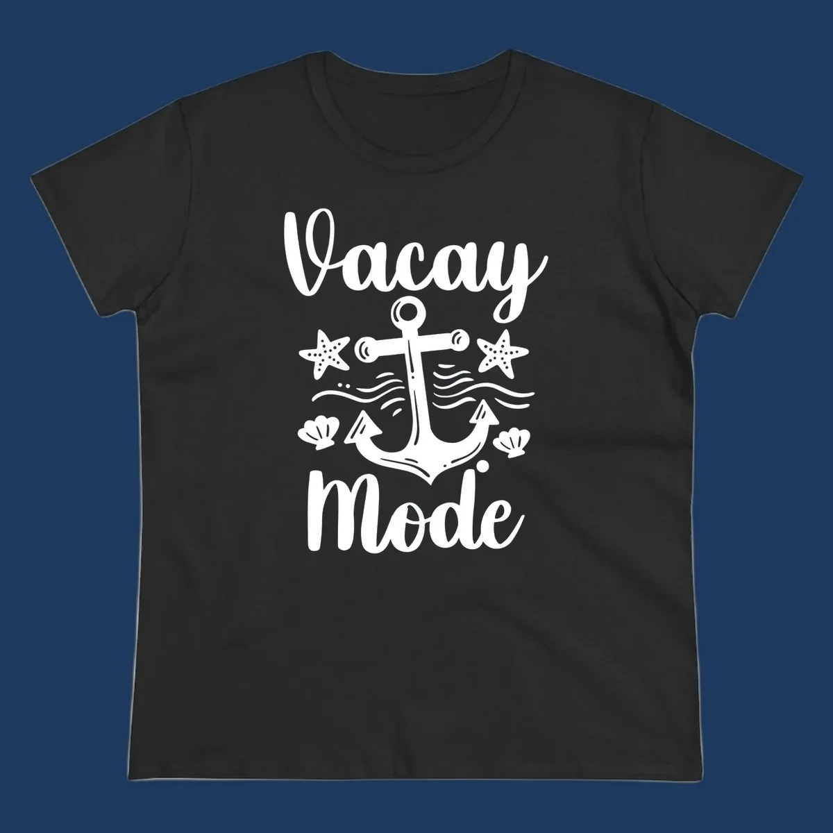 Vacay Mode anchor design with starfish, seashells, and ocean waves in white on gray background
