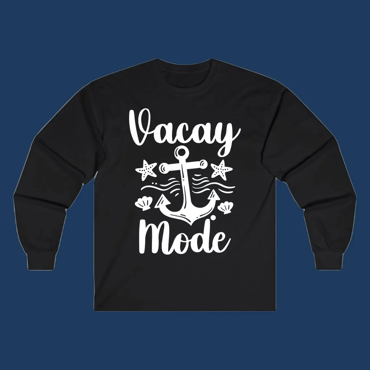 Vacay Mode anchor design with starfish, seashells, and ocean waves in white on gray background