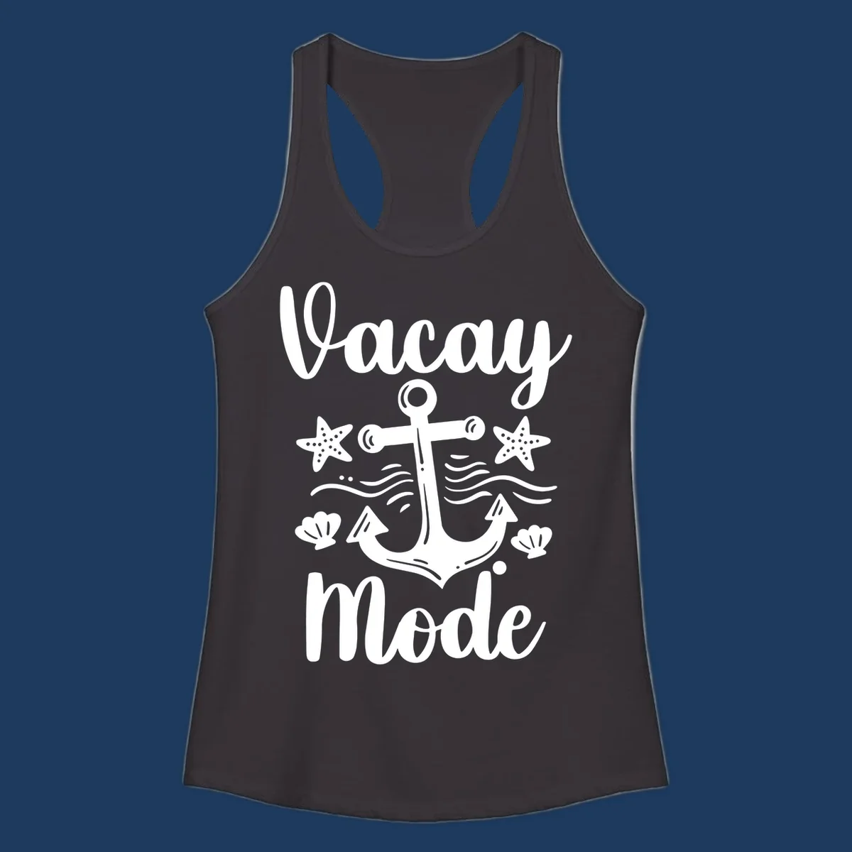 Vacay Mode anchor design with starfish, seashells, and ocean waves in white on gray background
