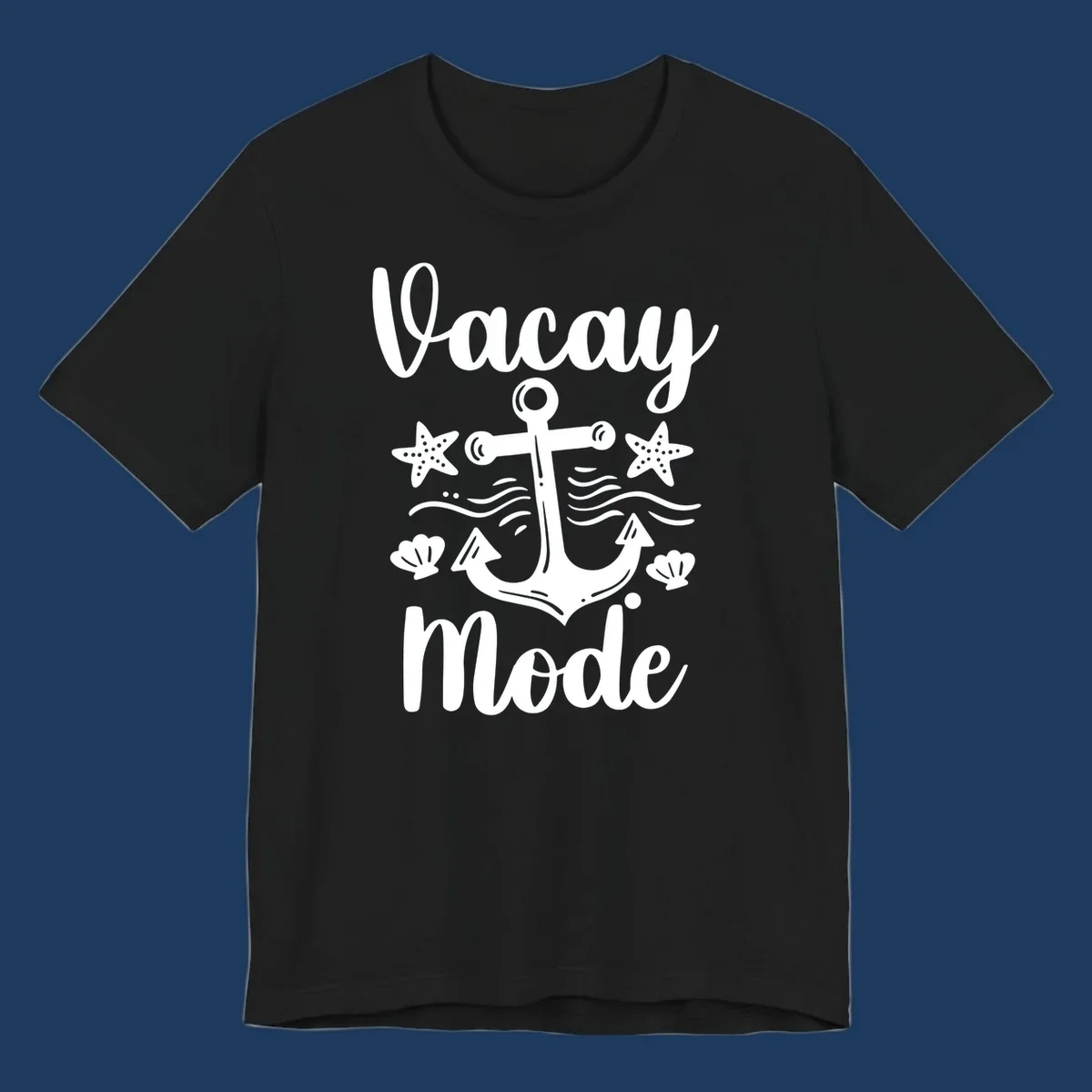 Vacay Mode anchor design with starfish, seashells, and ocean waves in white on gray background