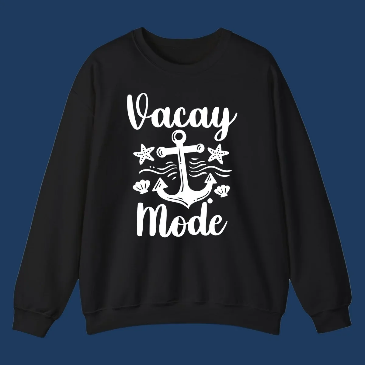 Vacay Mode anchor design with starfish, seashells, and ocean waves in white on gray background