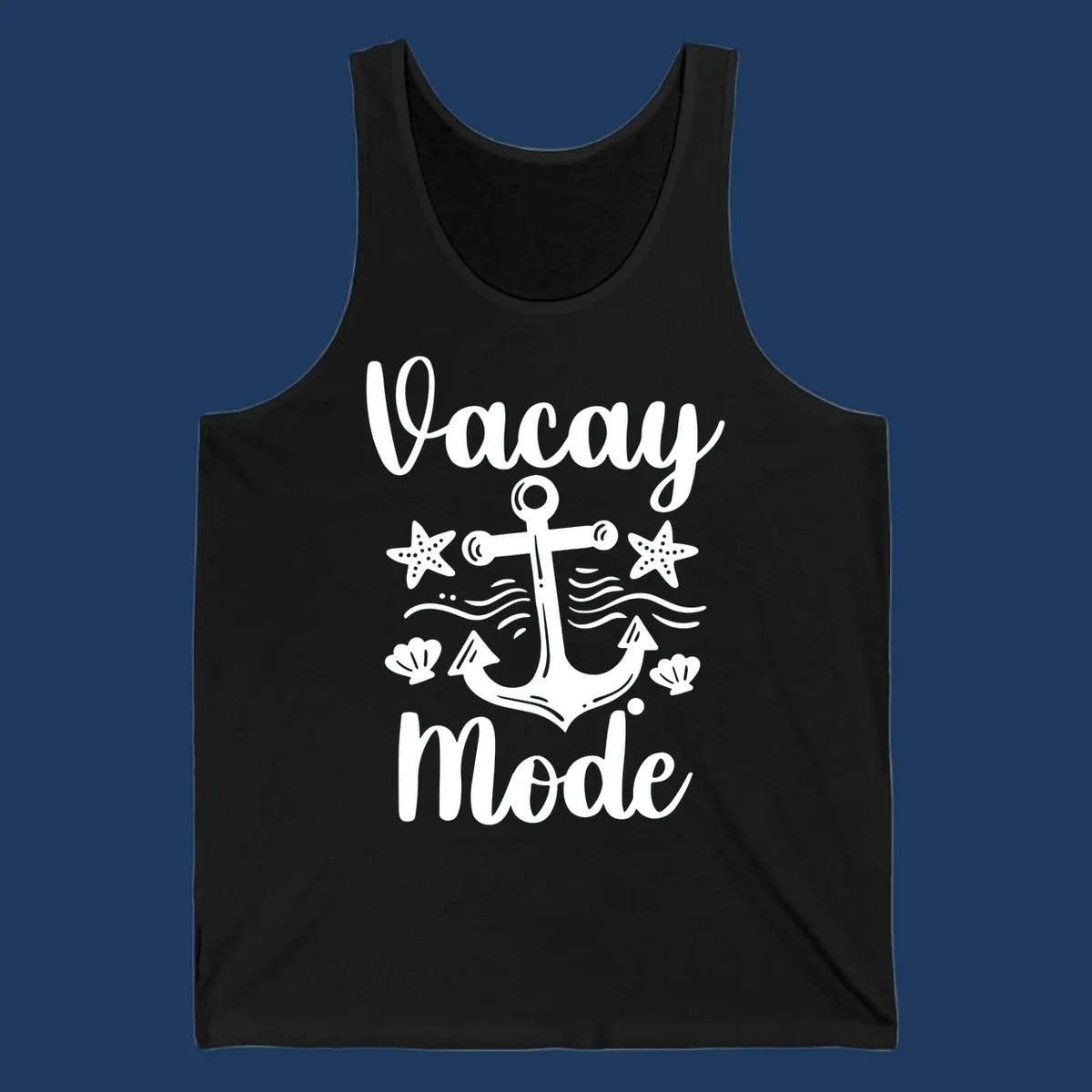 Vacay Mode anchor design with starfish, seashells, and ocean waves in white on gray background