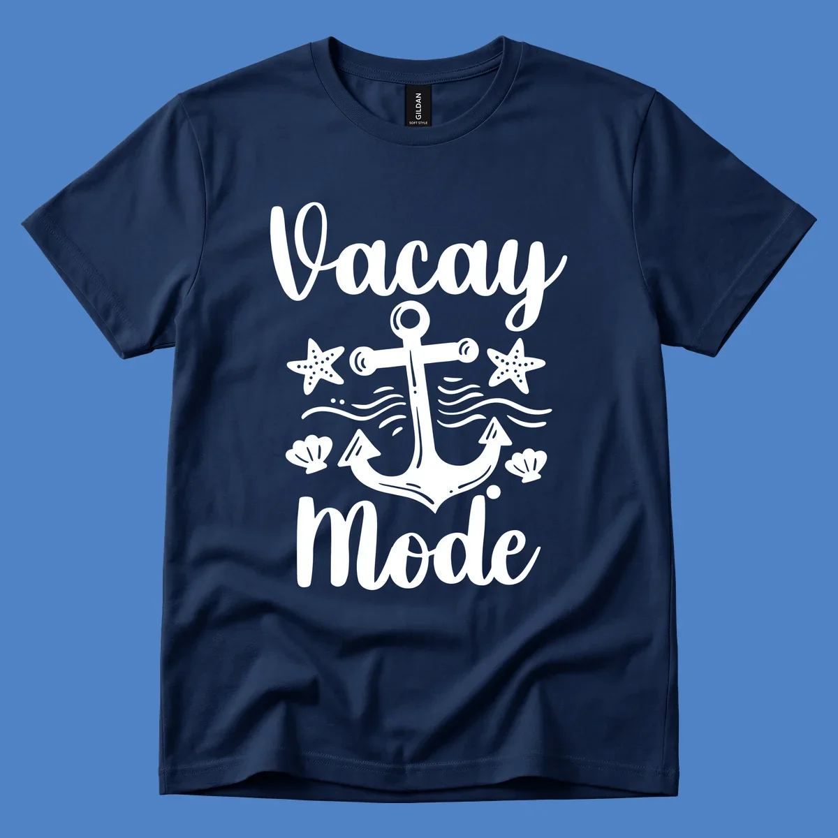 Vacay Mode anchor design with starfish, seashells, and ocean waves in white on gray background