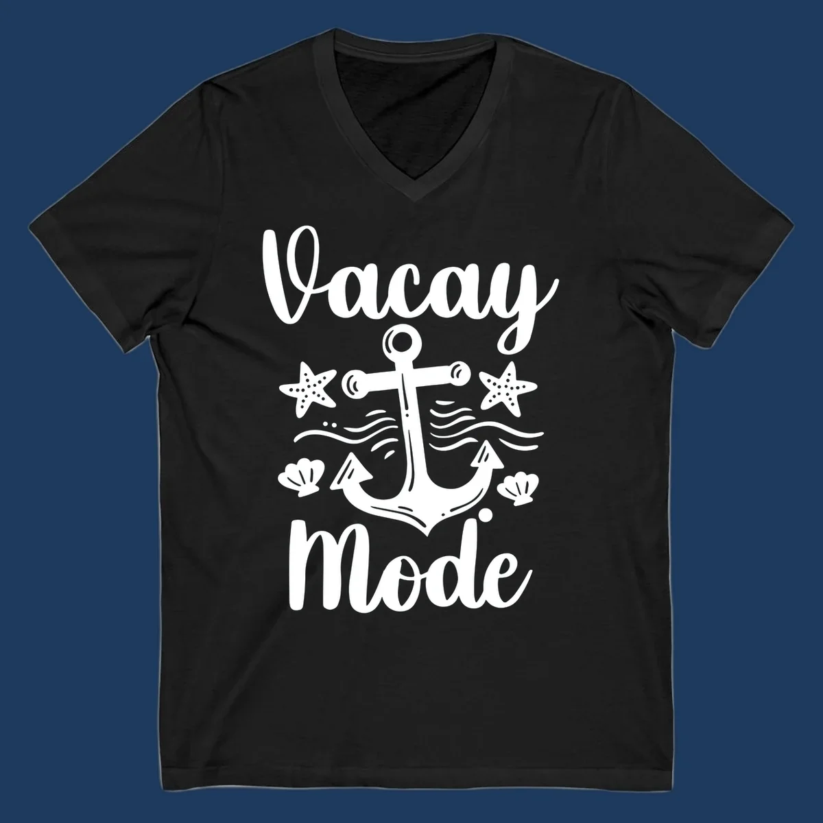 Vacay Mode anchor design with starfish, seashells, and ocean waves in white on gray background