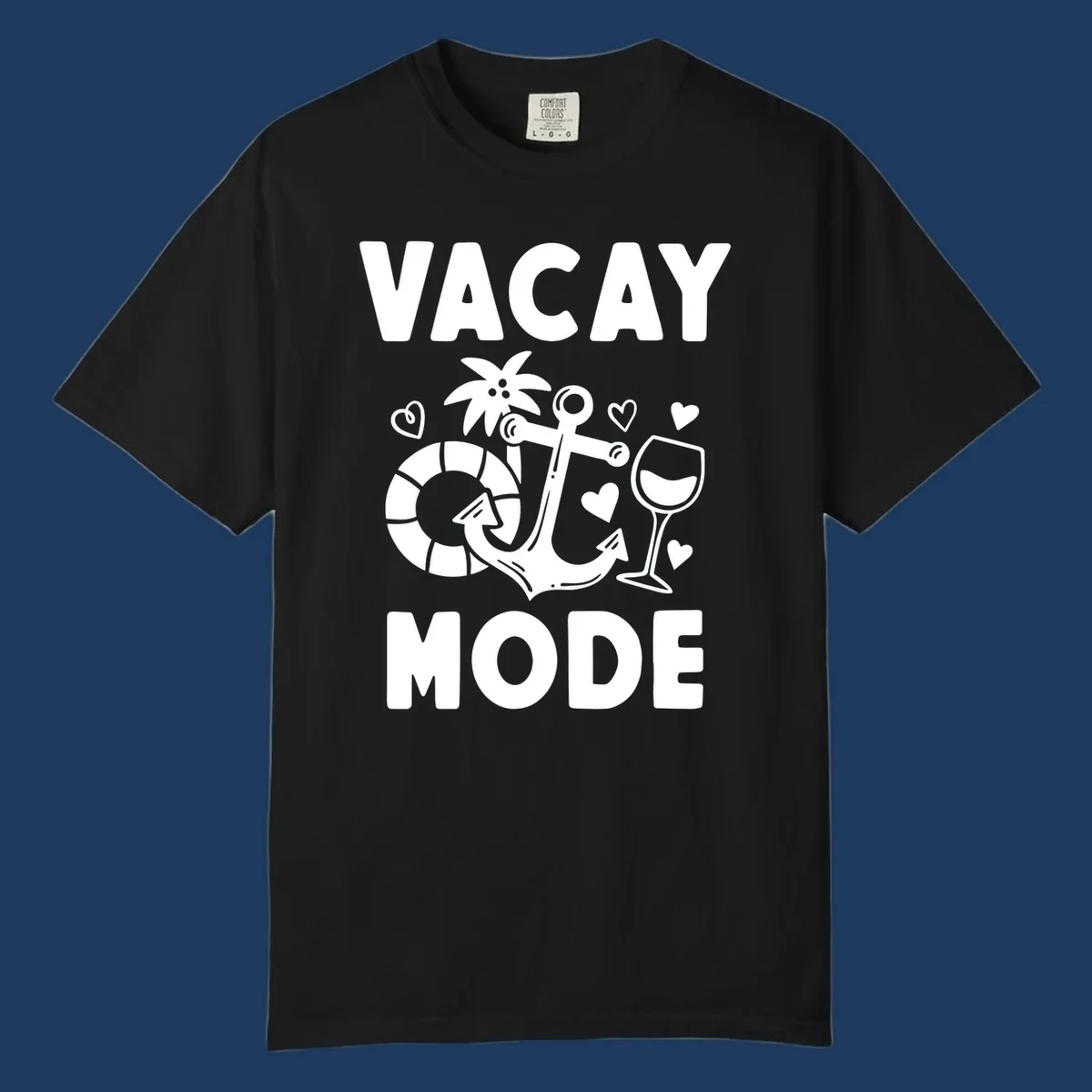 Vacay Mode design with anchor, life preserver, palm tree, wine glass and hearts in white outline style