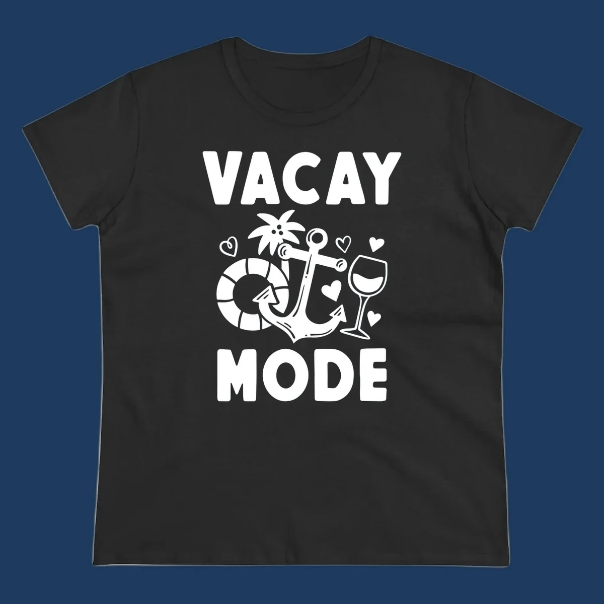 Vacay Mode design with anchor, life preserver, palm tree, wine glass and hearts in white outline style