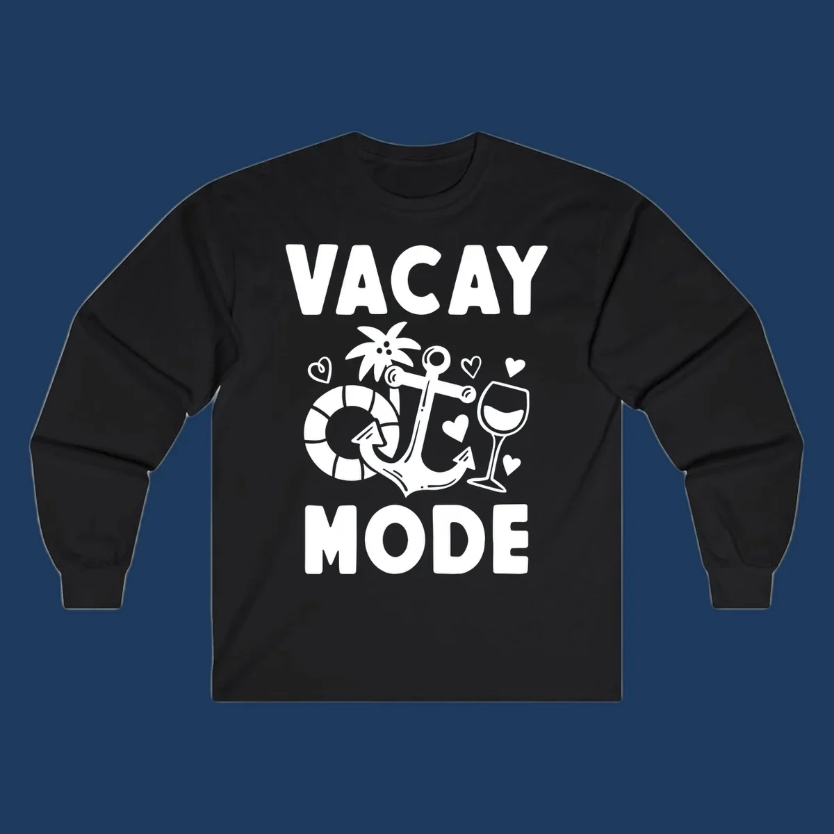 Vacay Mode design with anchor, life preserver, palm tree, wine glass and hearts in white outline style