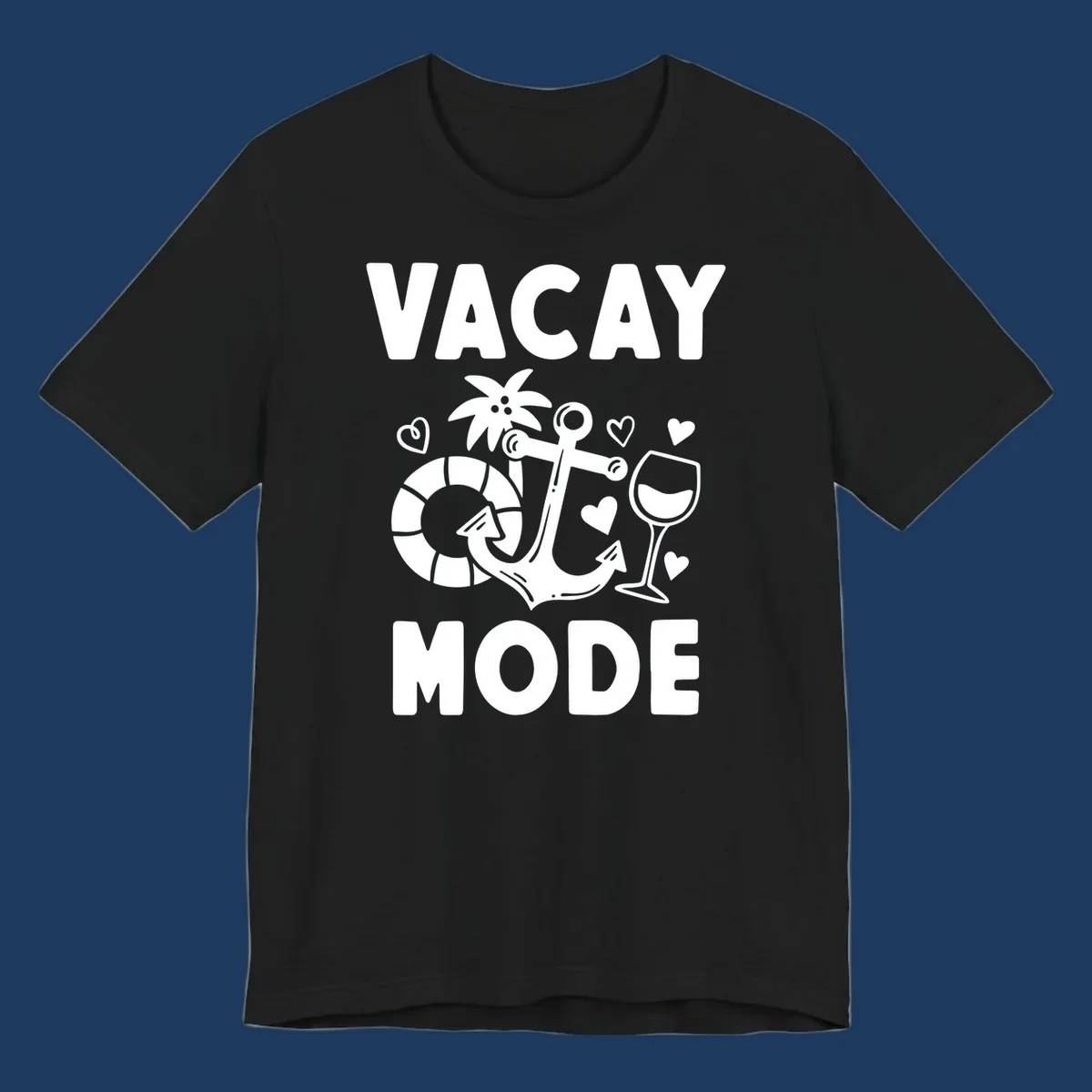 Vacay Mode design with anchor, life preserver, palm tree, wine glass and hearts in white outline style