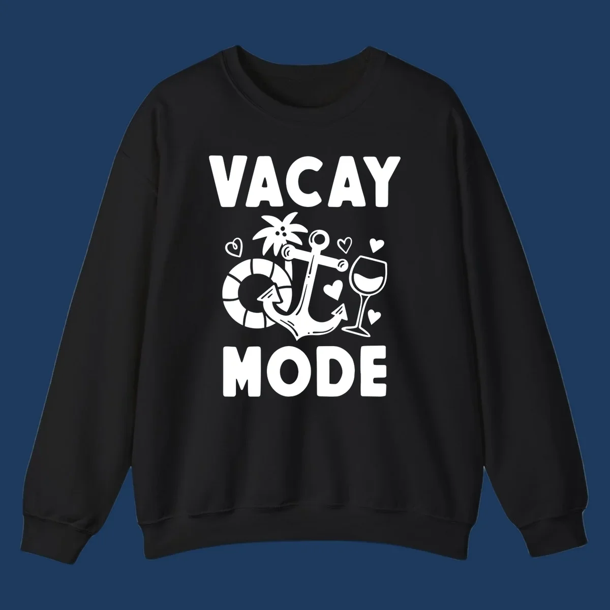 Vacay Mode design with anchor, life preserver, palm tree, wine glass and hearts in white outline style