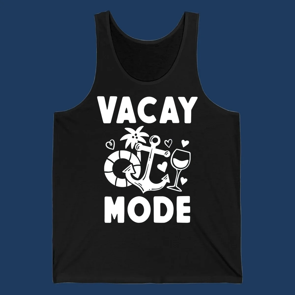 Vacay Mode design with anchor, life preserver, palm tree, wine glass and hearts in white outline style