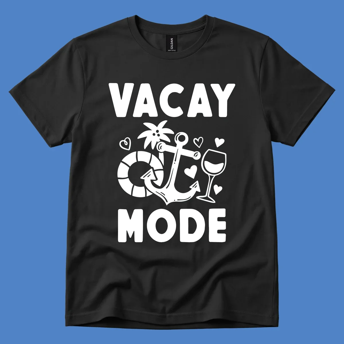 Vacay Mode design with anchor, life preserver, palm tree, wine glass and hearts in white outline style