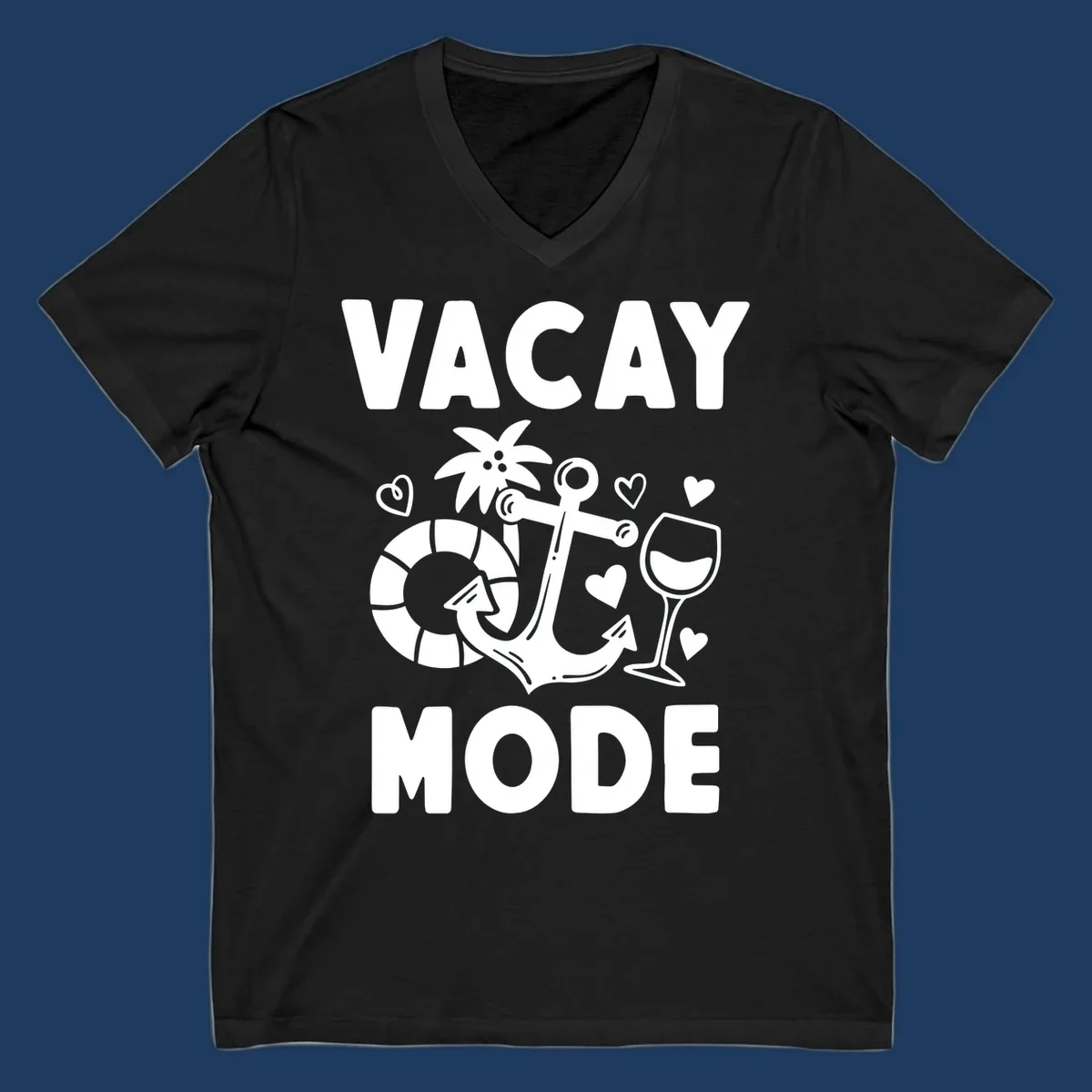 Vacay Mode design with anchor, life preserver, palm tree, wine glass and hearts in white outline style