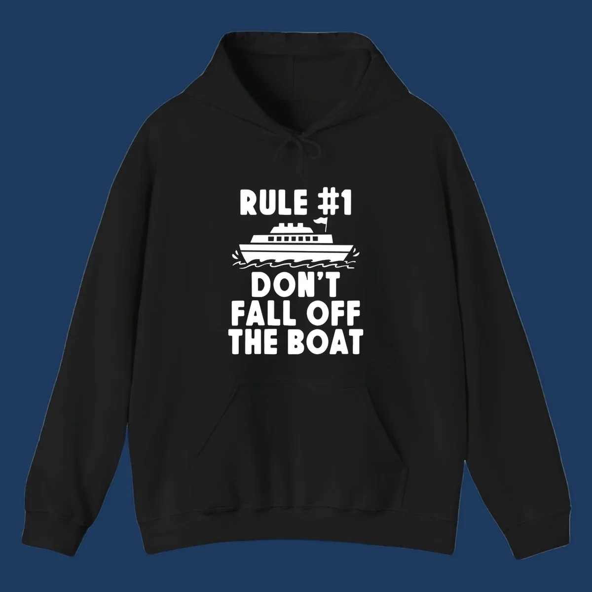 Humorous cruise design with ship illustration and text reading 'Rule #1 Don't Fall Off The Boat' on gray background