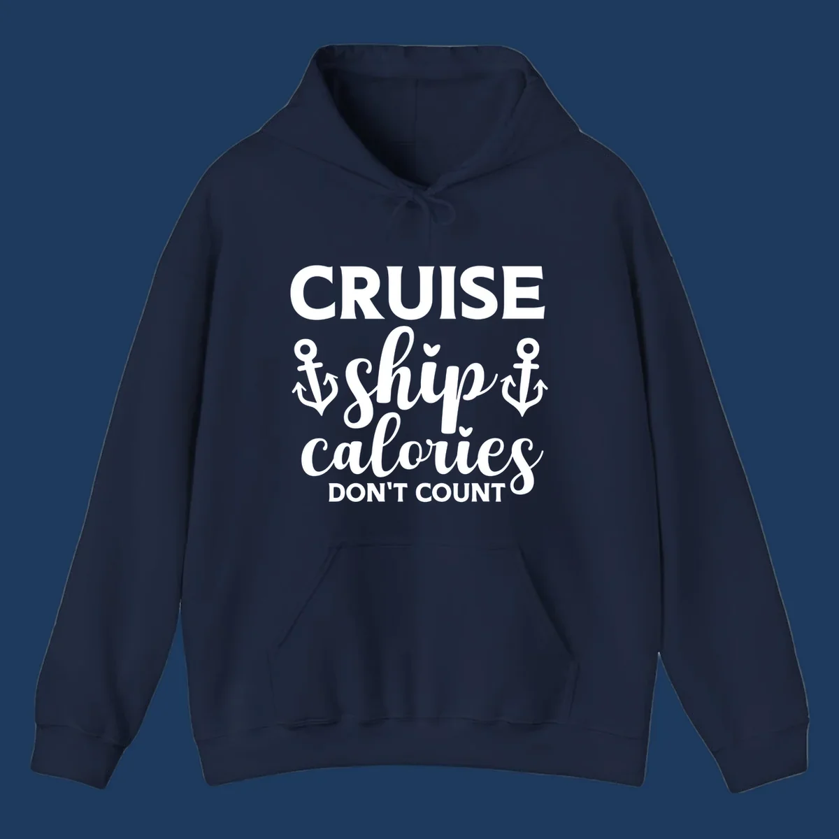 Cruise ship calories don't count design with white lettering and anchor symbols on gray background