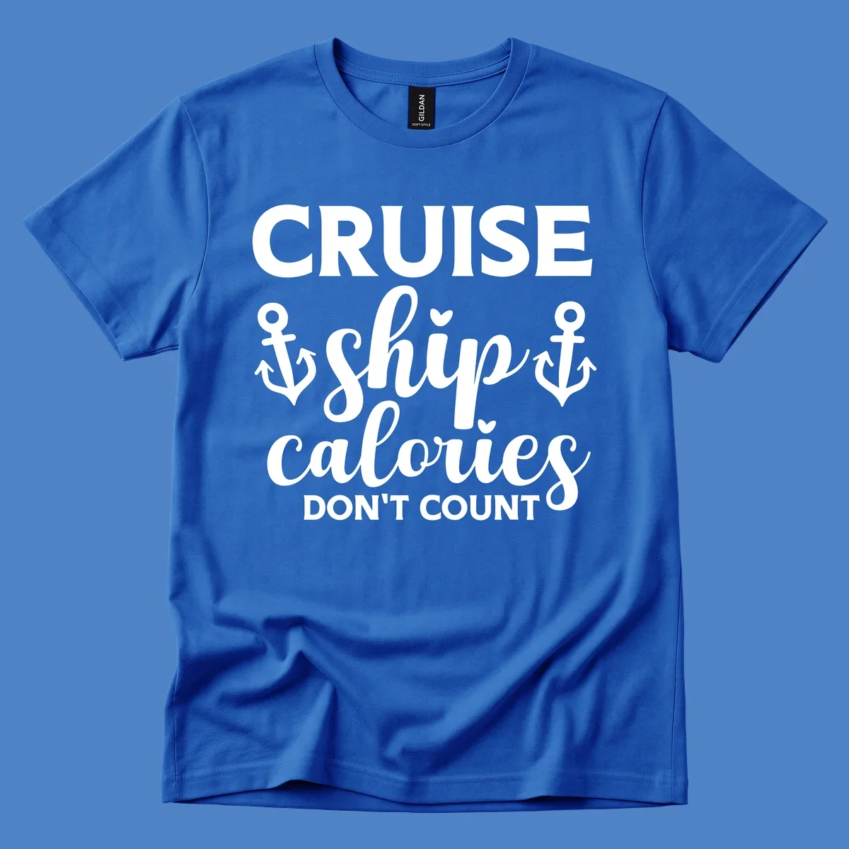 Cruise ship calories don't count design with white lettering and anchor symbols on gray background