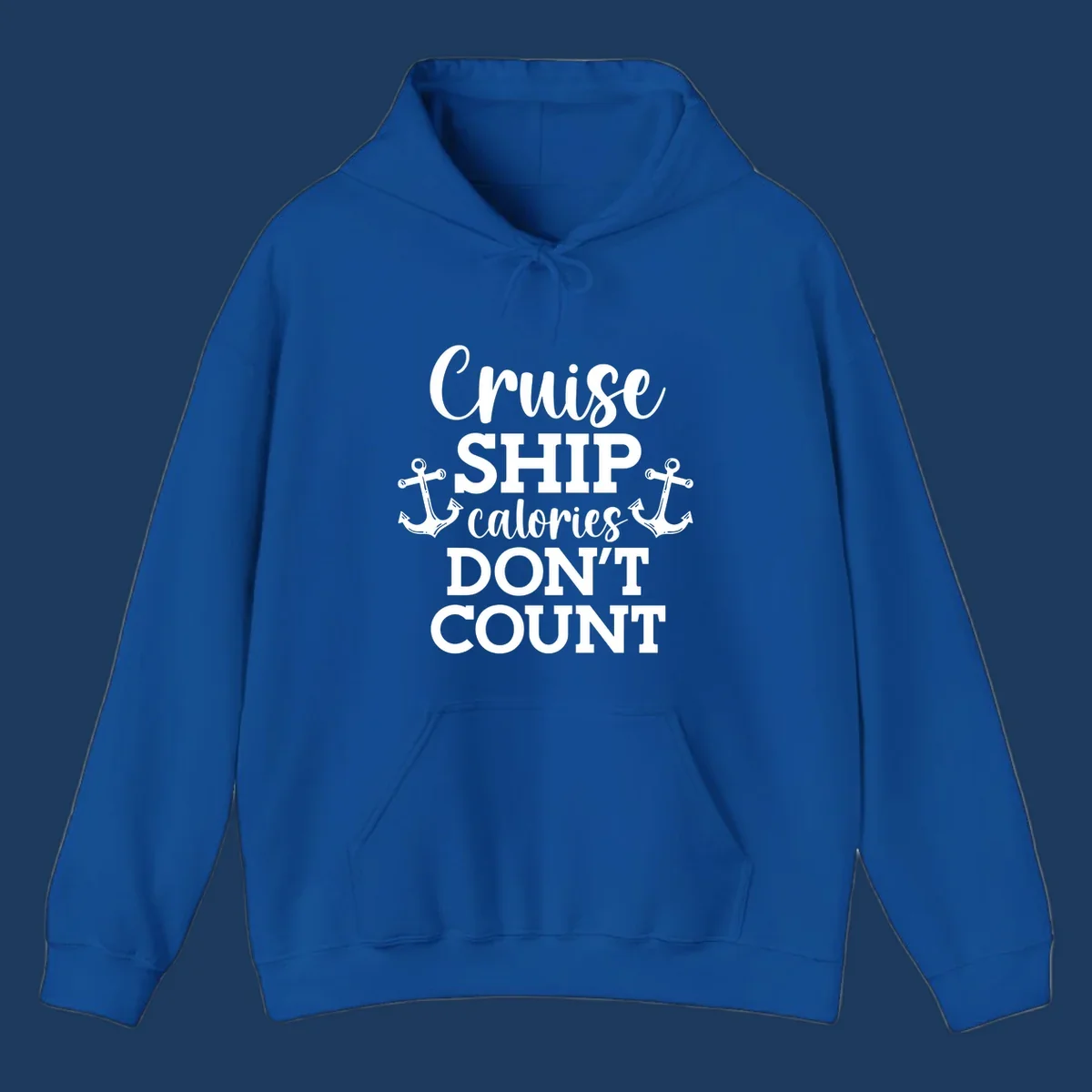 White text and anchor illustrations on gray background reading 'Cruise Ship Calories Don't Count' in playful typography.