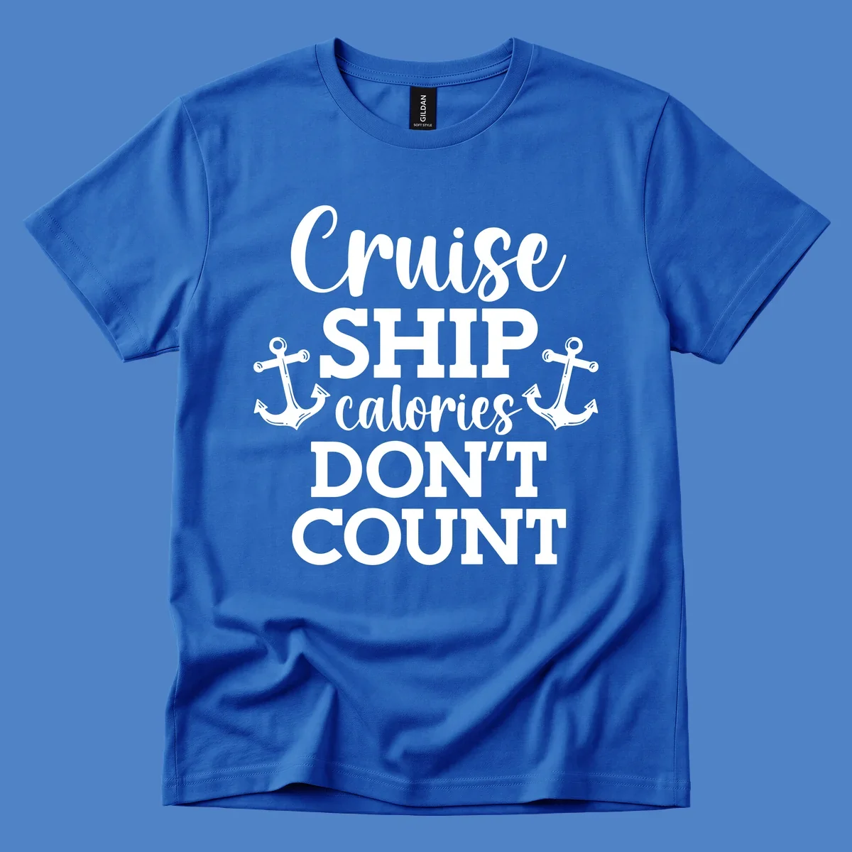 White text and anchor illustrations on gray background reading 'Cruise Ship Calories Don't Count' in playful typography.