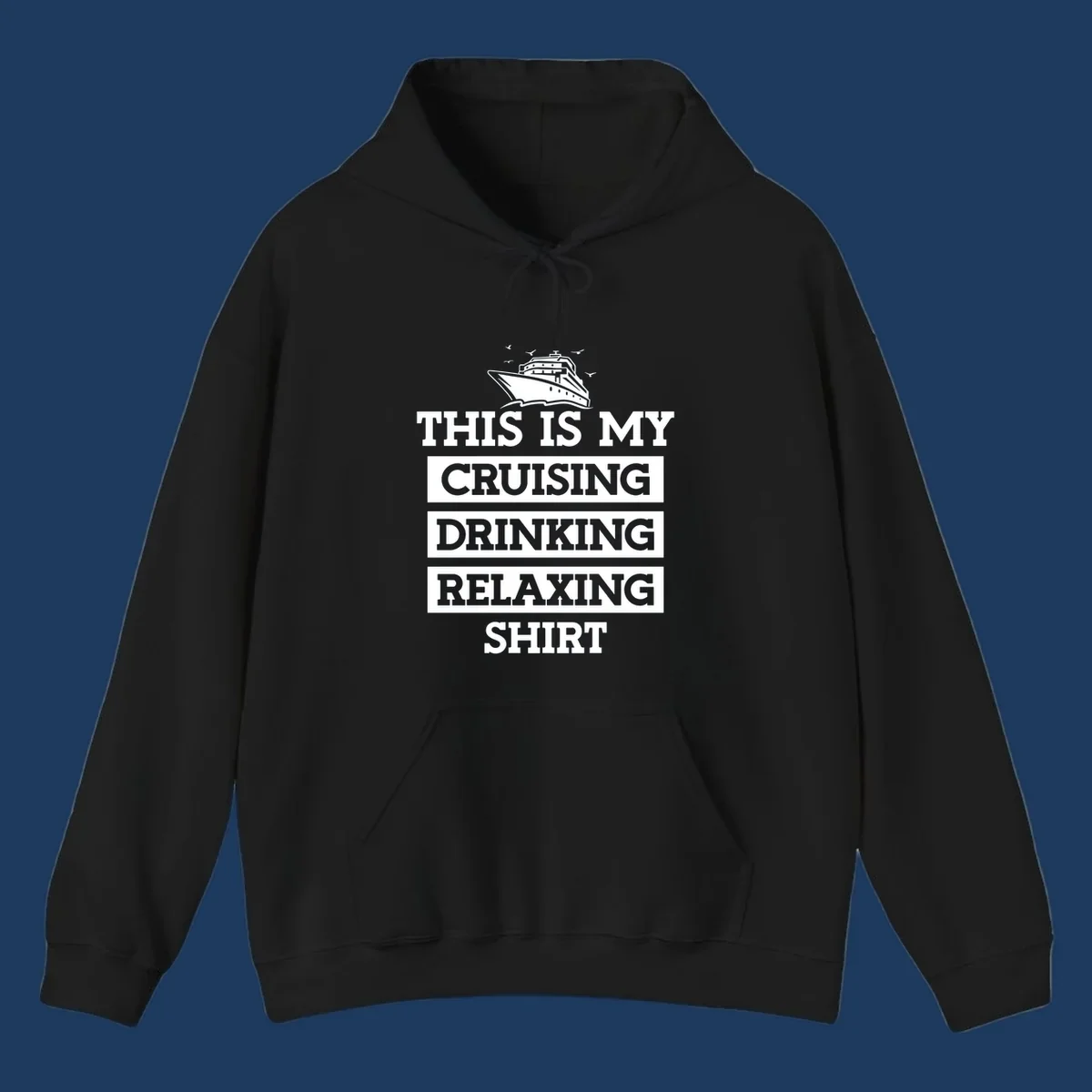 Cruising drinking relaxing design with cruise ship illustration and seagulls, bold white text on gray background