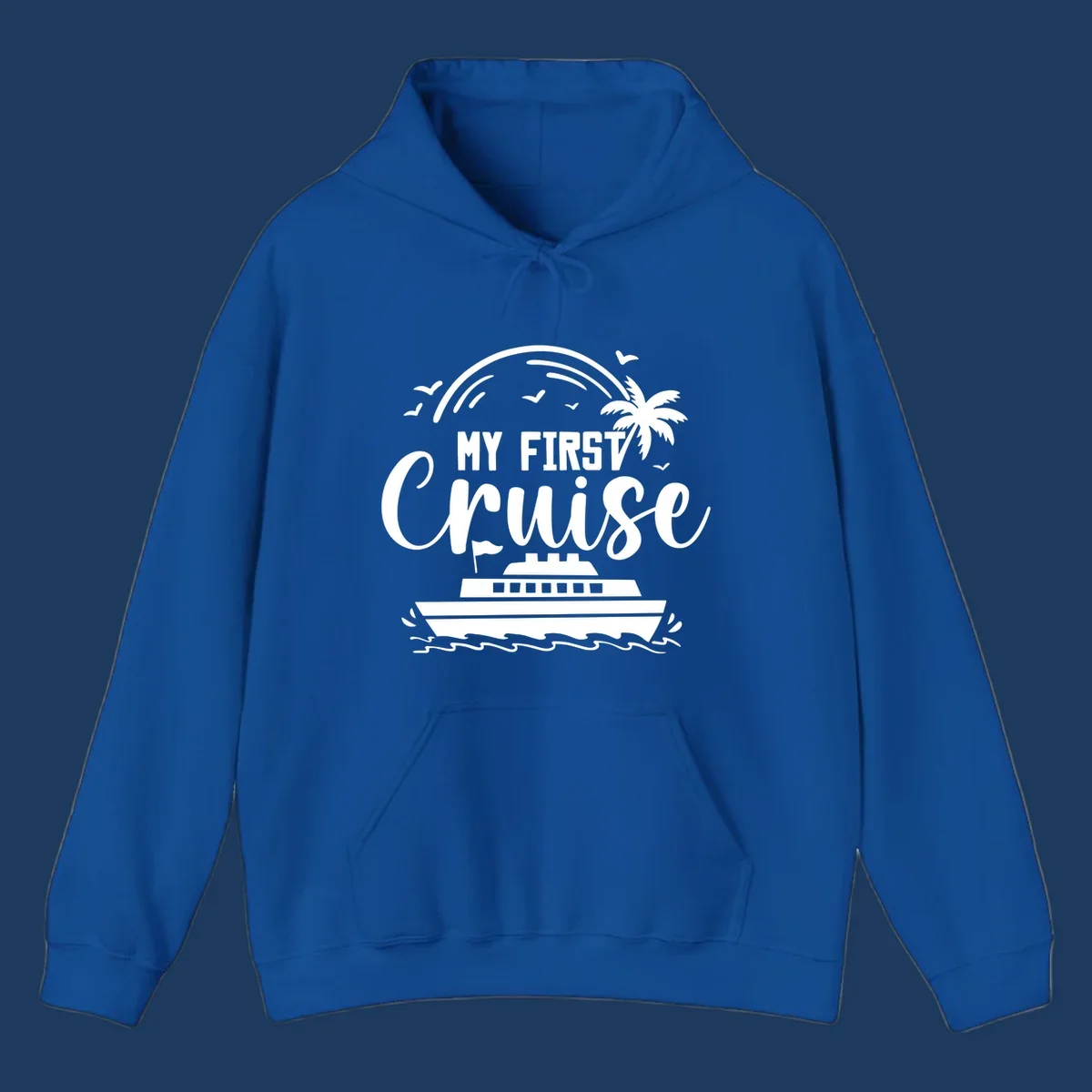 White illustrated design with "MY FIRST CRUISE" text, cruise ship, palm tree, rainbow, seagulls and waves on gray background