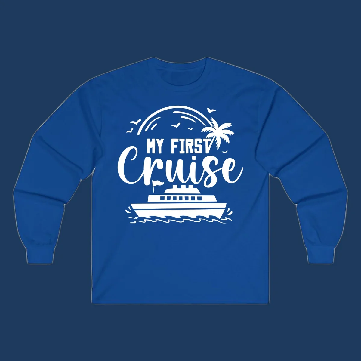 White illustrated design with "MY FIRST CRUISE" text, cruise ship, palm tree, rainbow, seagulls and waves on gray background