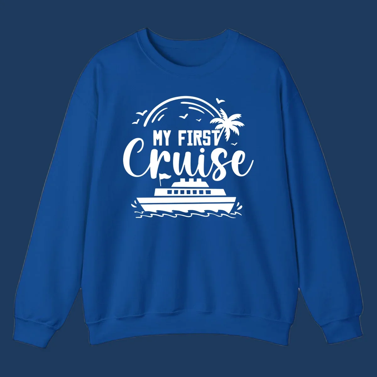 White illustrated design with "MY FIRST CRUISE" text, cruise ship, palm tree, rainbow, seagulls and waves on gray background