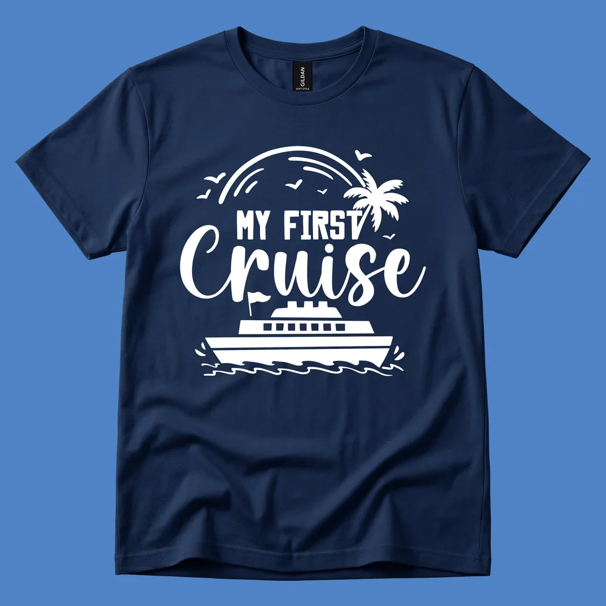 White illustrated design with "MY FIRST CRUISE" text, cruise ship, palm tree, rainbow, seagulls and waves on gray background