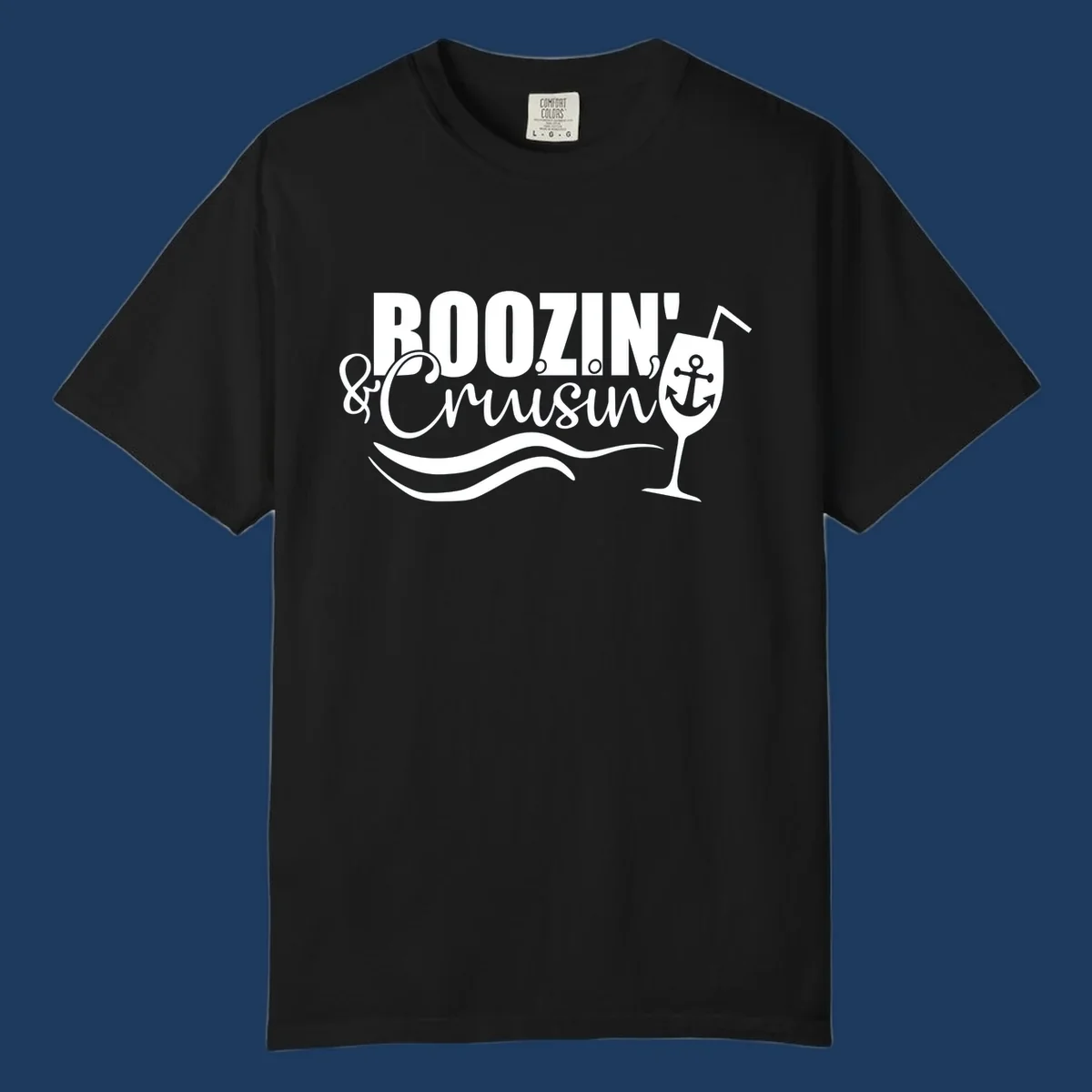 Boozin' and Cruising design with cocktail glass, anchor, and nautical waves in white on gray background