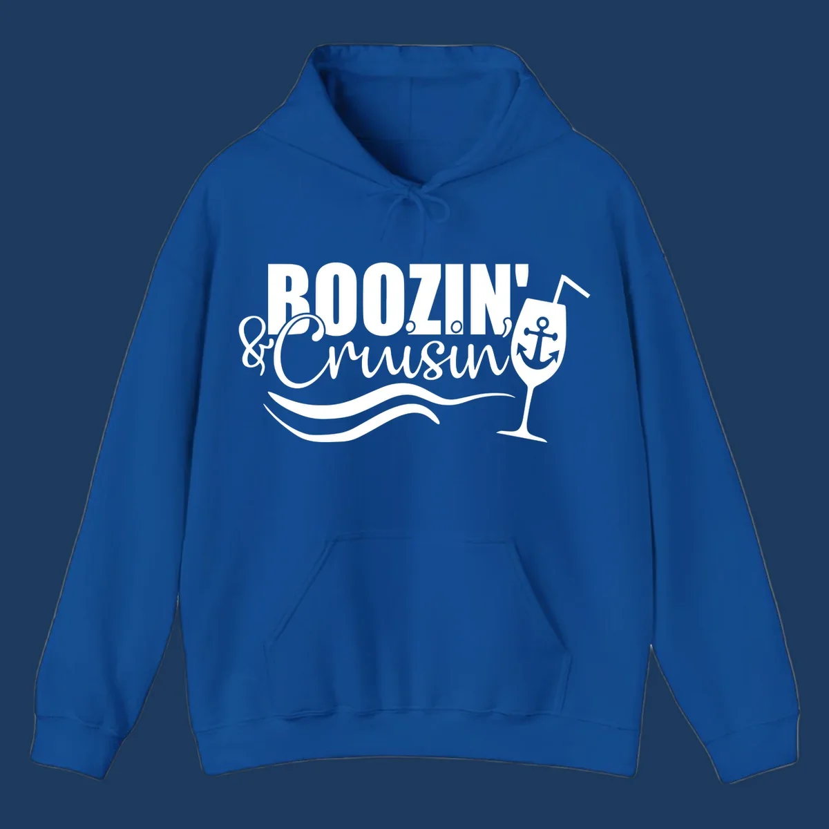 Boozin' and Cruising design with cocktail glass, anchor, and nautical waves in white on gray background