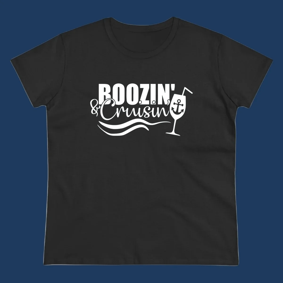 Boozin' and Cruising design with cocktail glass, anchor, and nautical waves in white on gray background