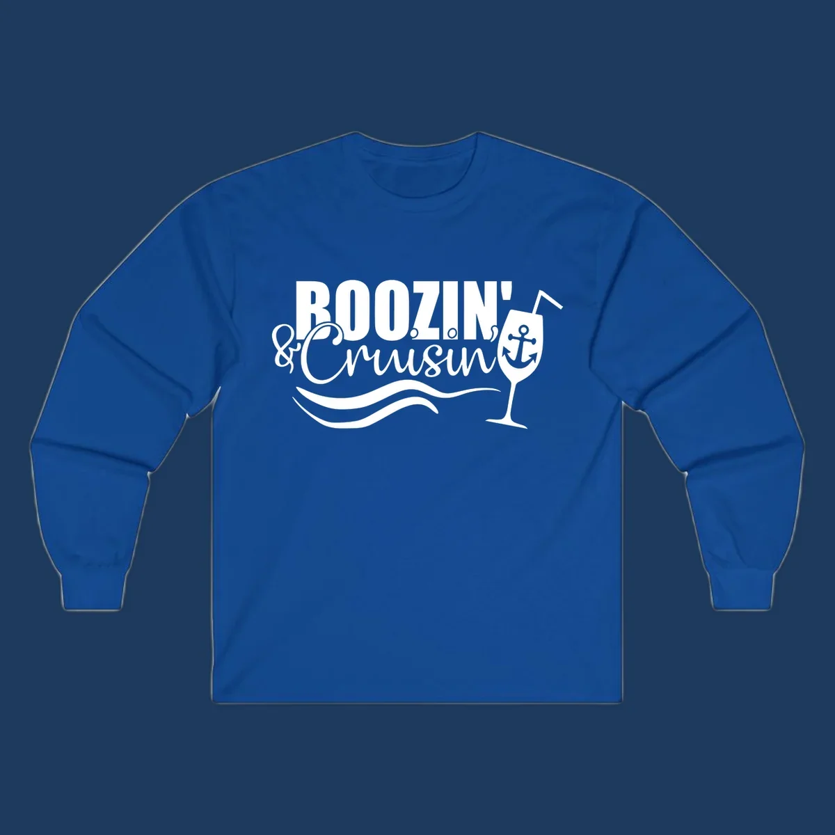 Boozin' and Cruising design with cocktail glass, anchor, and nautical waves in white on gray background