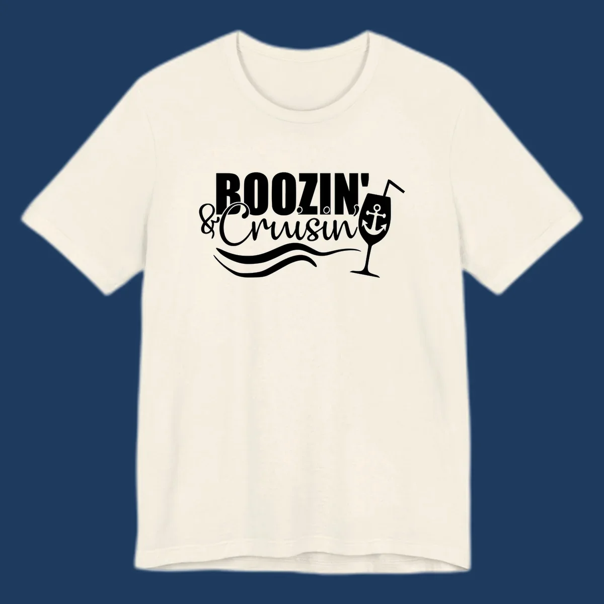 Boozin' and Cruising design with cocktail glass, anchor, and nautical waves in white on gray background