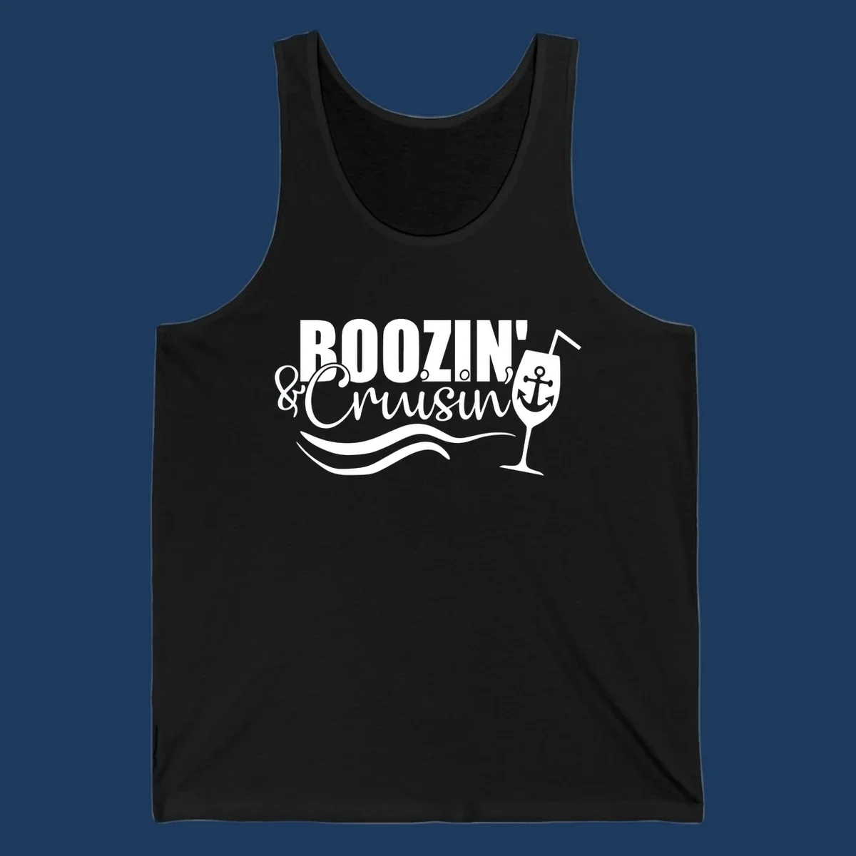 Boozin' and Cruising design with cocktail glass, anchor, and nautical waves in white on gray background