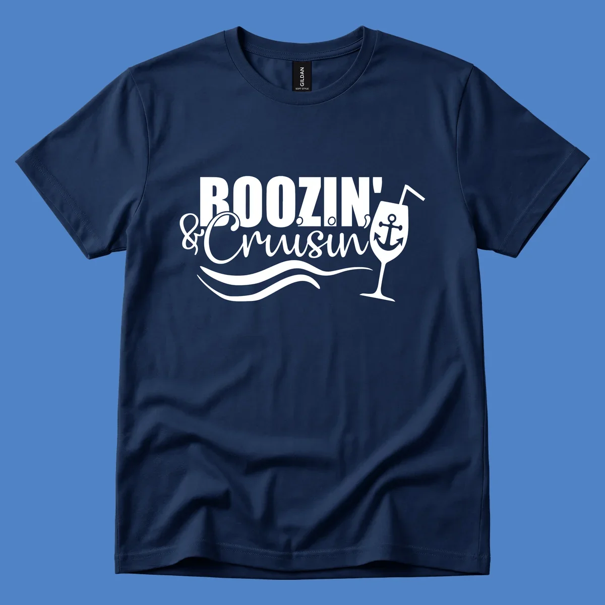 Boozin' and Cruising design with cocktail glass, anchor, and nautical waves in white on gray background