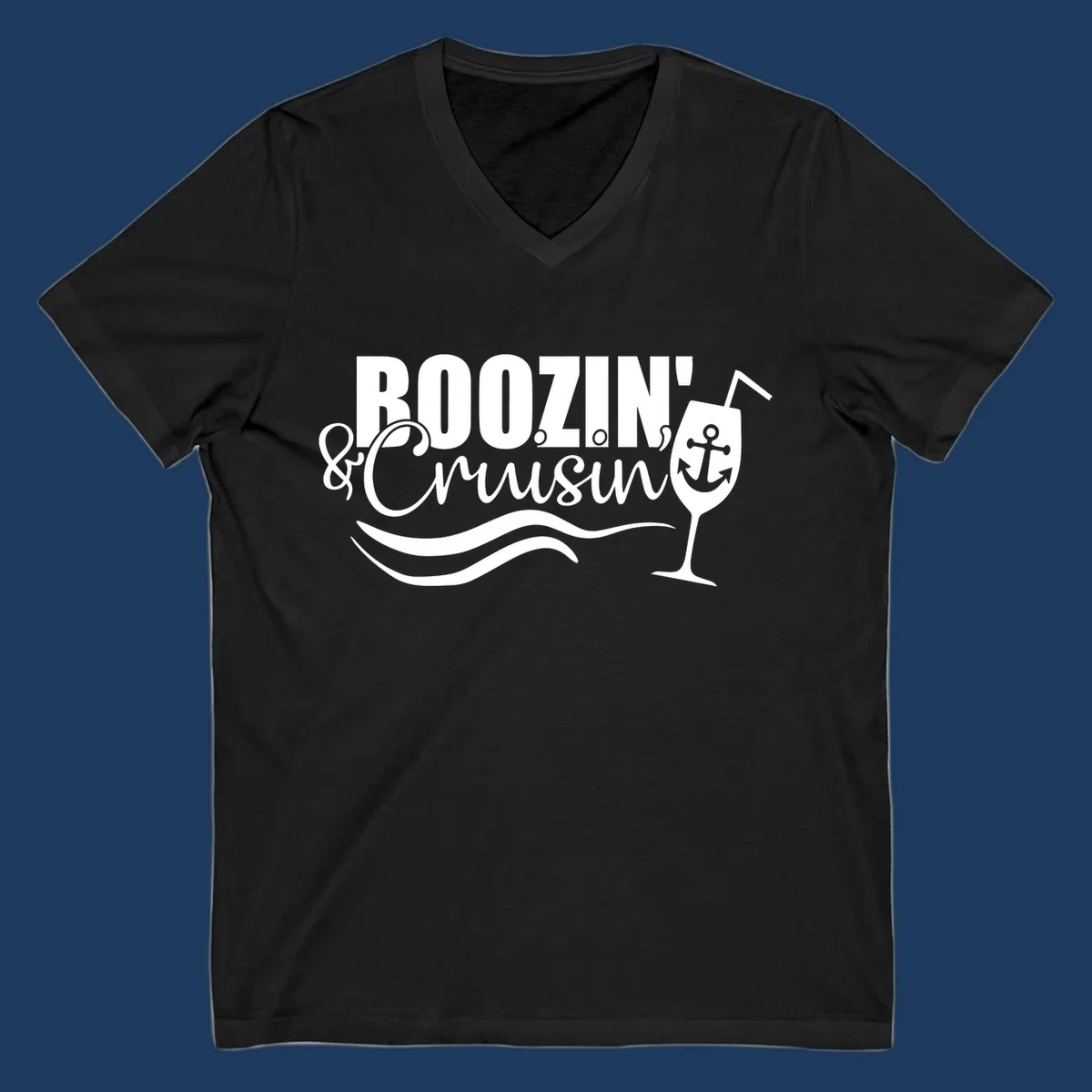 Boozin' and Cruising design with cocktail glass, anchor, and nautical waves in white on gray background