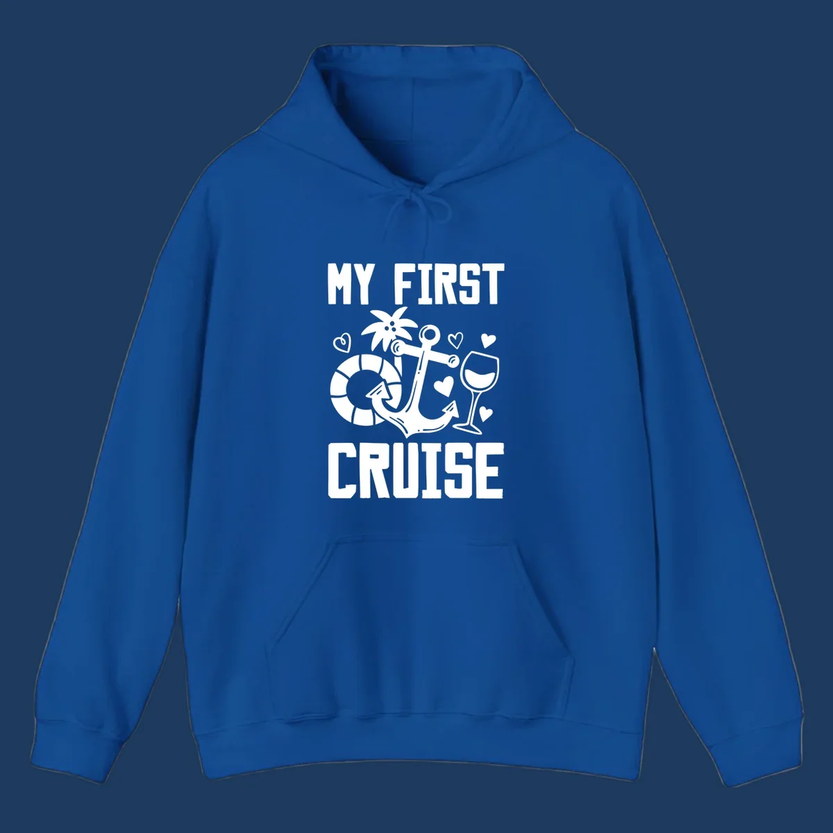 My First Cruise design with anchor, life preserver, palm tree, wine glass and hearts on gray background