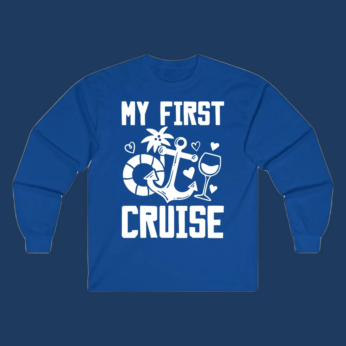 My First Cruise design with anchor, life preserver, palm tree, wine glass and hearts on gray background