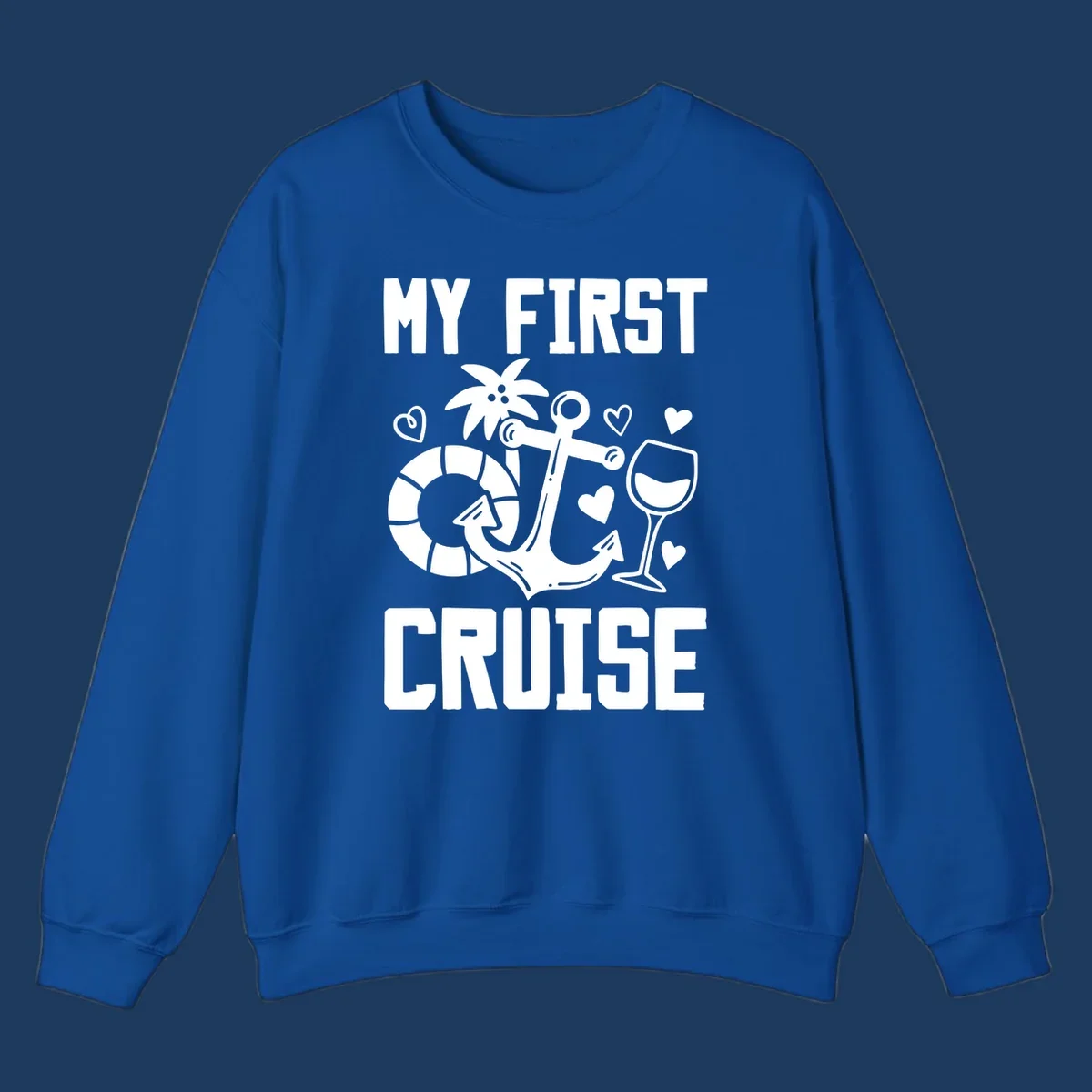 My First Cruise design with anchor, life preserver, palm tree, wine glass and hearts on gray background