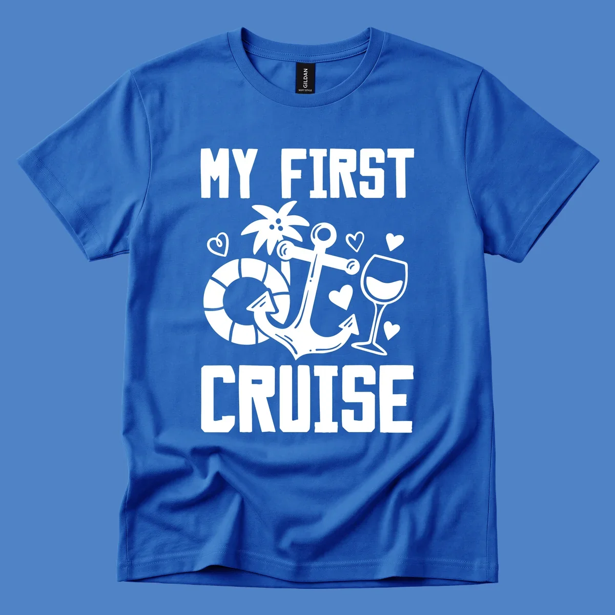 My First Cruise design with anchor, life preserver, palm tree, wine glass and hearts on gray background