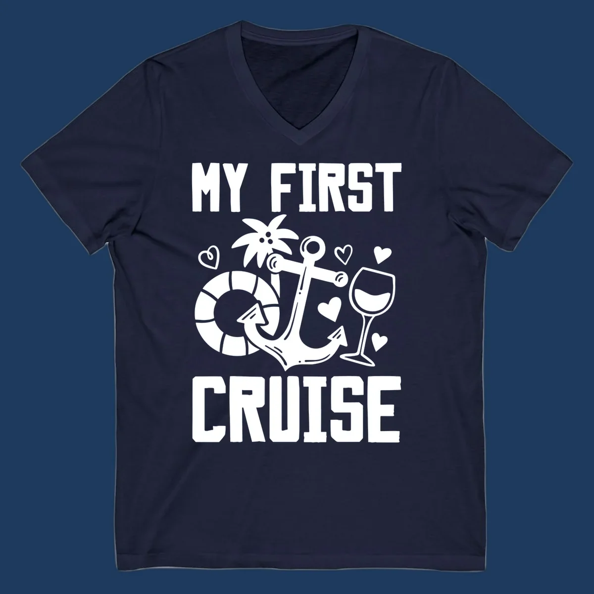 My First Cruise design with anchor, life preserver, palm tree, wine glass and hearts on gray background